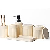 INIUNIK Bathroom Accessory Set - 6 Pieces Bathroom Accessories Set Complete with Soap Dispenser, Toothbrush Holders, Tumbler, Vanity Tray and 2 Qtip Holder for Home Organizer and Decor, Beige