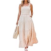 R.Vivimos Women's Summer Cotton Adjustable Straps Boho Stripe Casual Flowy A Line Midi Dress with Pockets