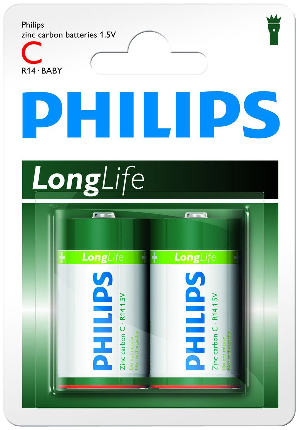 Philips C-Batteries - R14L2B - Battery Pack of 2 - Zinc Chloride Technology - 3 Year Shelf Life - 1.5V