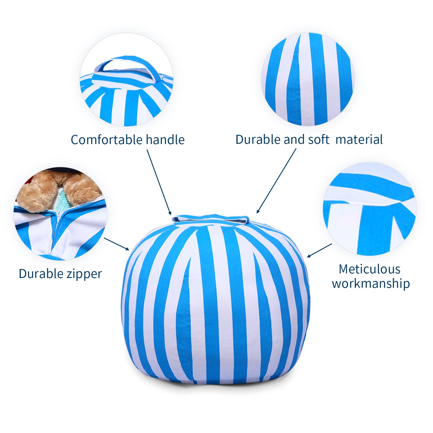 Yotree Stuffed Animal Storage Bean Bag Chair Useful Extra Large Kids Toy Organizer Clean up the Room and Put Those Critters in Order(Blue Stripes)