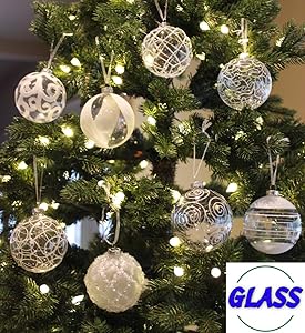Sleetly 8pk Assorted Glass Ball Ornaments, White, 3.15 inches