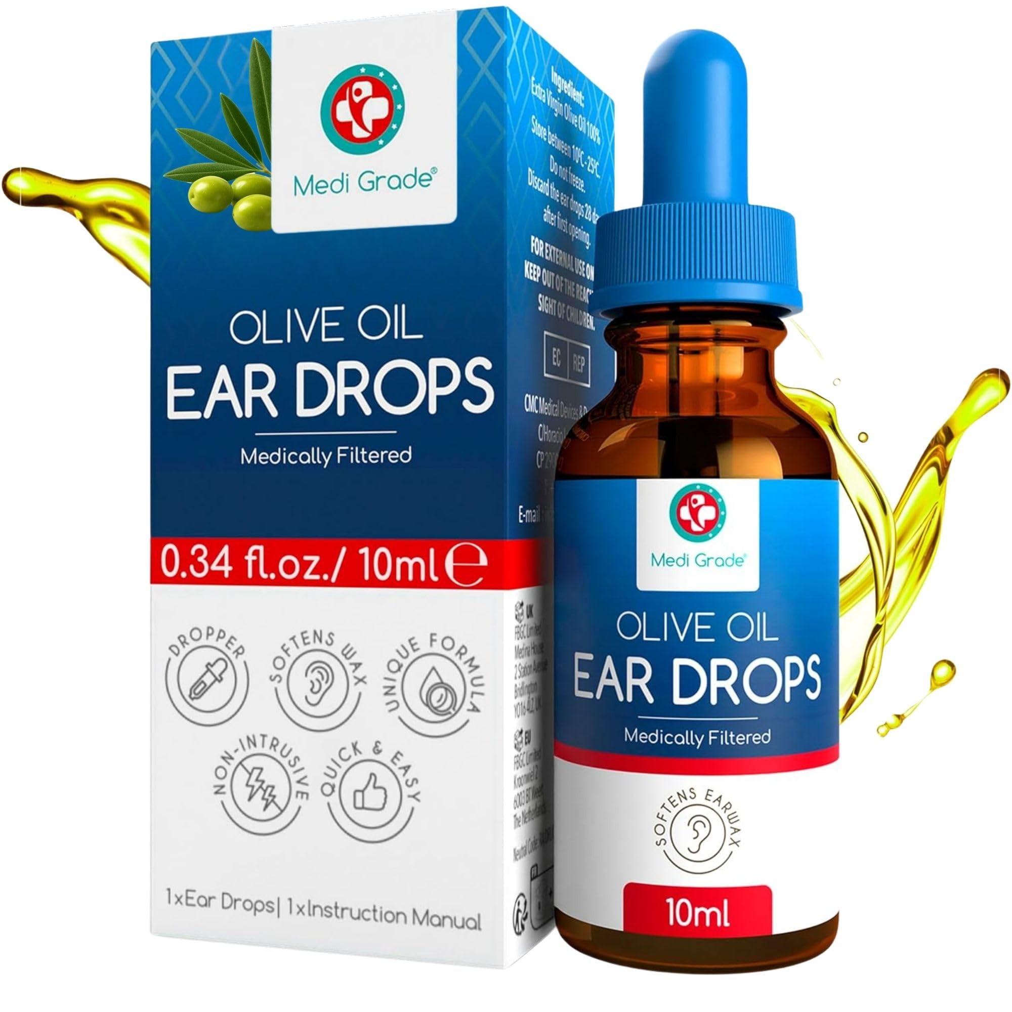 Medi Grade Olive Oil Ear Drops for Wax Removal and Blocked Ears, 10ml - 100% Natural Ear Wax Removal Drops with Pipette Dropper Softens and Removes Hardened Earwax Buildup - Advanced Ear Wax Drops