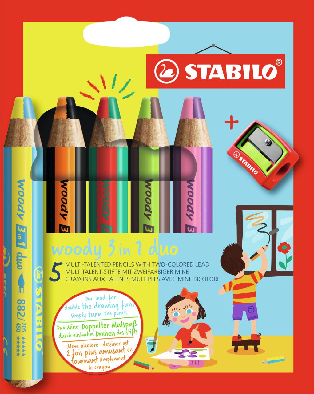 STABILO woody 3-in-1 duo - Multi-Talented Pencil - Pack of 5 - Assorted Colours with Sharpener