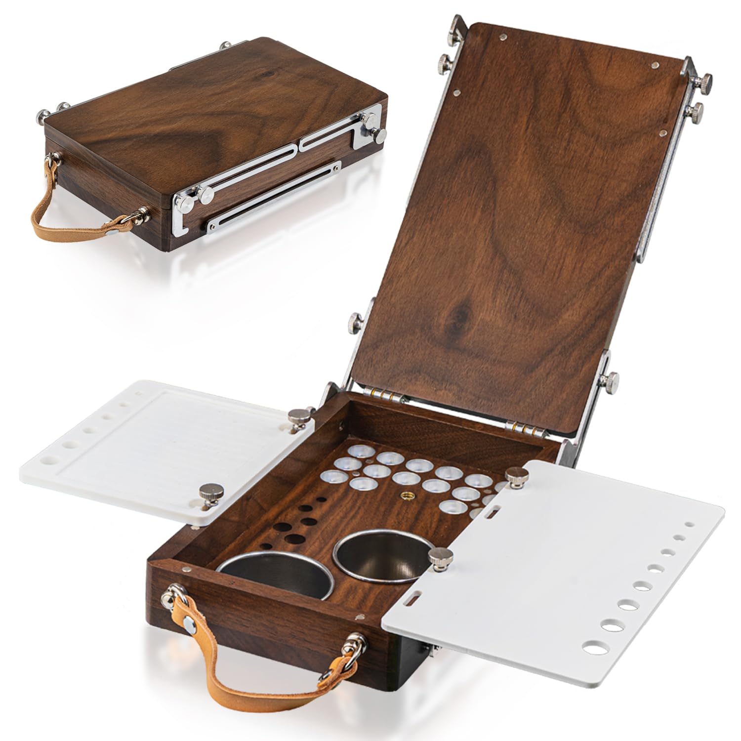 Photo 1 of ACODE Wood Travel Watercolor Palette, Plein Air Easel Pochade Box for Art Supplies, Mini Walnut Portable Sketchbox for Painting, Handhold Tabletop Easel Storage Box, Wooden Art Box for Outdoor