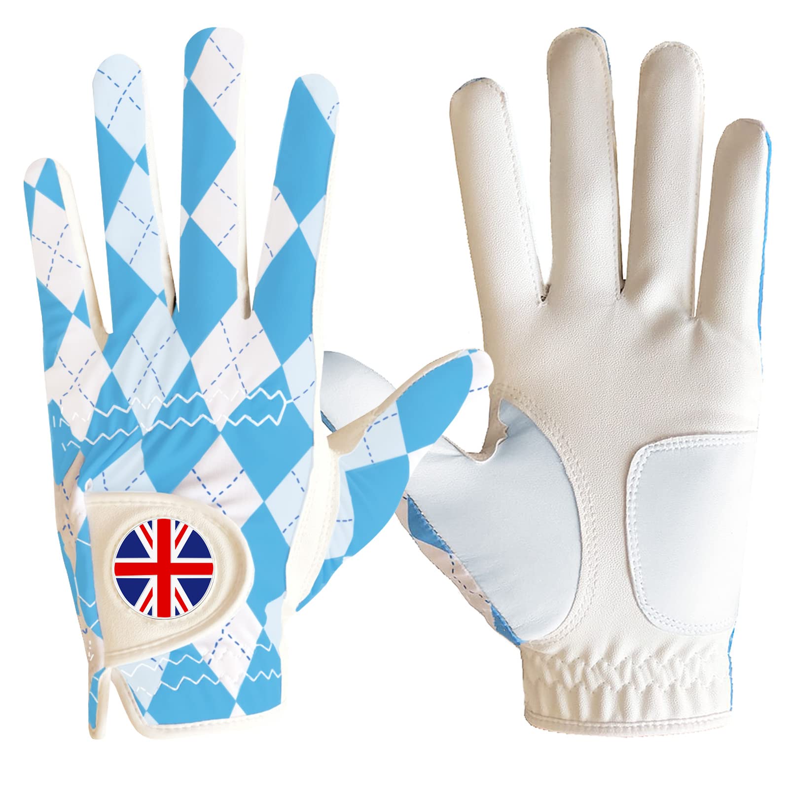 Golf Gloves Men Left Hand Right with Ball Marker Cabretta Leather Weathersof Rain Grip Value Pack,Mens Golf Glove Fashion Pattern Wear Resistant Non-Slip (Blue Plaid-1 Pack,M-Worn on Right Hand) — image 1