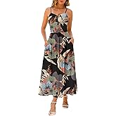 Maggeer Women's Summer Fall Adjustable Spaghetti Strap Ruched Maxi Dress Floral Boho Long Sundress with Pockets