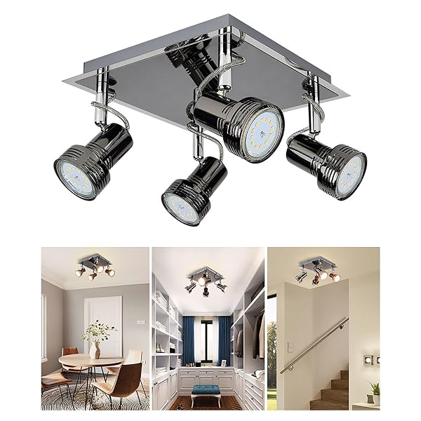 DEPULEY CEILING TRACK LIGHT FIXTURE: 4-LIGHT SQUARE LED TRACK LIGHTING KIT – FLUSH MOUNT CEILING SPOTLIGHTS FLEXIBLY ADJUSTABLE ACCENT LAMP FOR KITCHEN LIVING ROOM BEDROOM HALLWAY GU10 BULBS INCLUDED