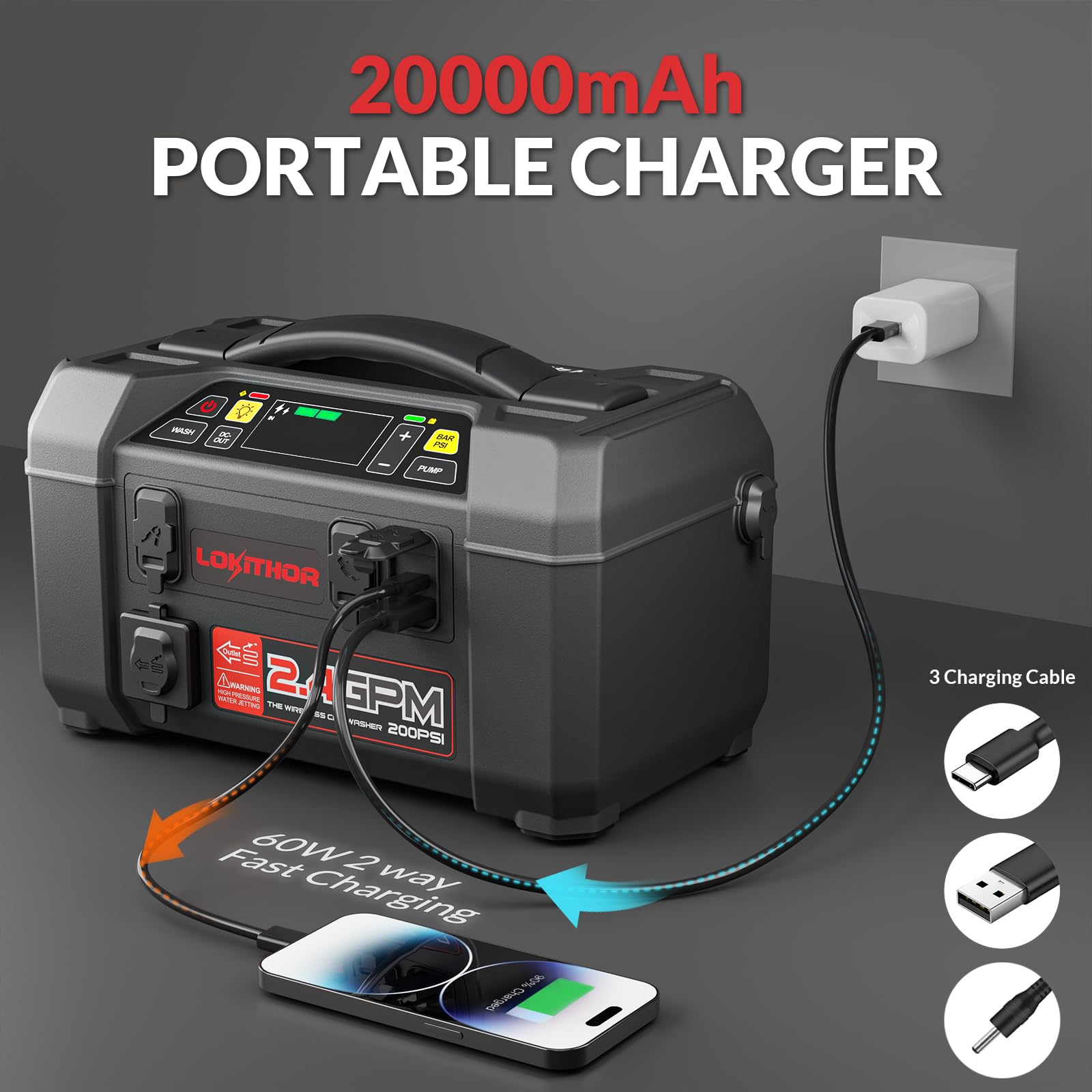 LOKITHOR AW401 5-in-1 Multi-Function Emergency Tool, 2500A Jump Starter + Cordless Air Compressor + Multi-use Pressure Washer + LED Light + Portable Power Bank, for Car Recovery, Camping & Travel