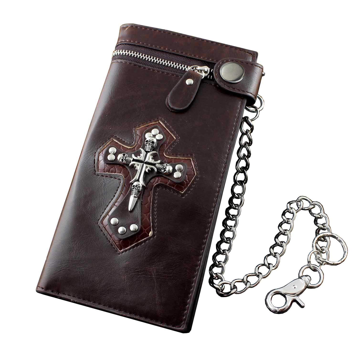 Mens Boys Skull Gothic Cross Zipper Checkboot Long Leather Biker Wallet With Chain