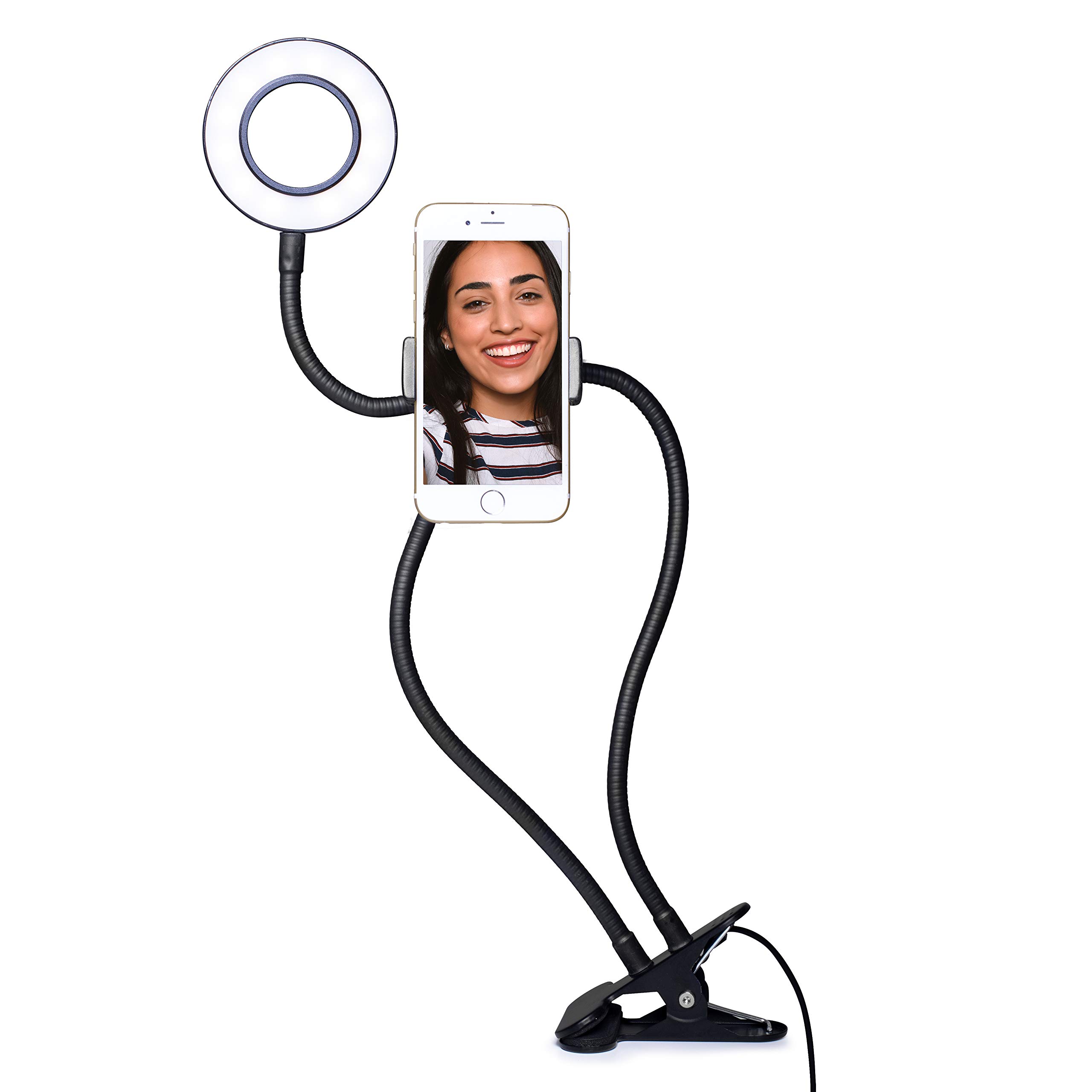 Flexible Lazy Arm Smartphone Holder with LED ring light to enhance your appearance. Perfect all in one solution for hands-free live streaming, selfies or video calls