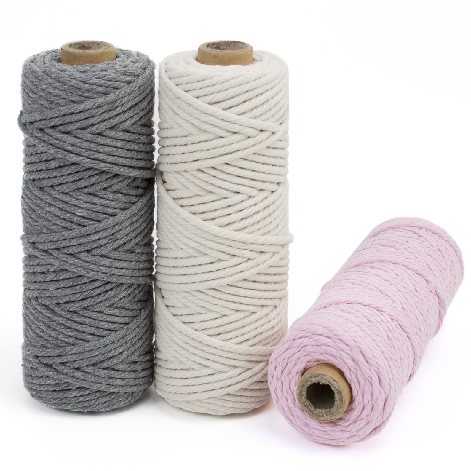 LEREATI Macrame Cord 3mm Set, 150m Thick Macrame Cotton Rope Yarn, 4 Strand Twisted Soft Macrame String for Crafts, Plant Hanger, Wall Hanging, Gift Wrapping, DIY, Home Decoration (3 Color H)