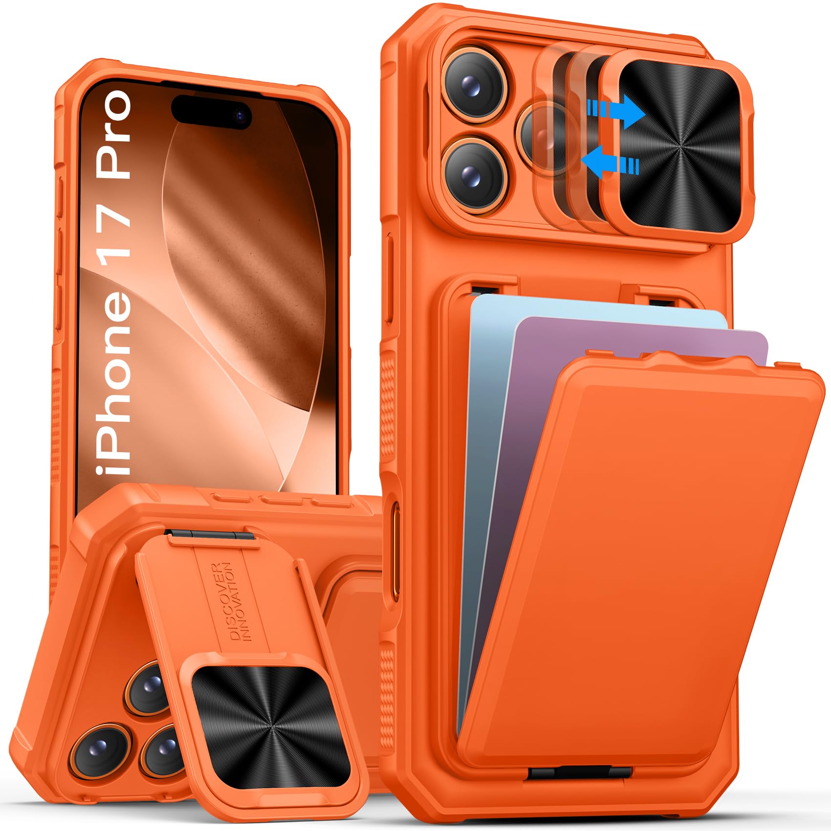 Photo 1 of SSLOTSCASE for iPhone 17 Pro Case with Card Holder & Camera Stand & Kickstand & Slide Camera Lens Cover & Wallet, Military-Grade Heavy Duty Men Women Phone Case Cover for iPhone 17 Pro 6.3'', Orange
