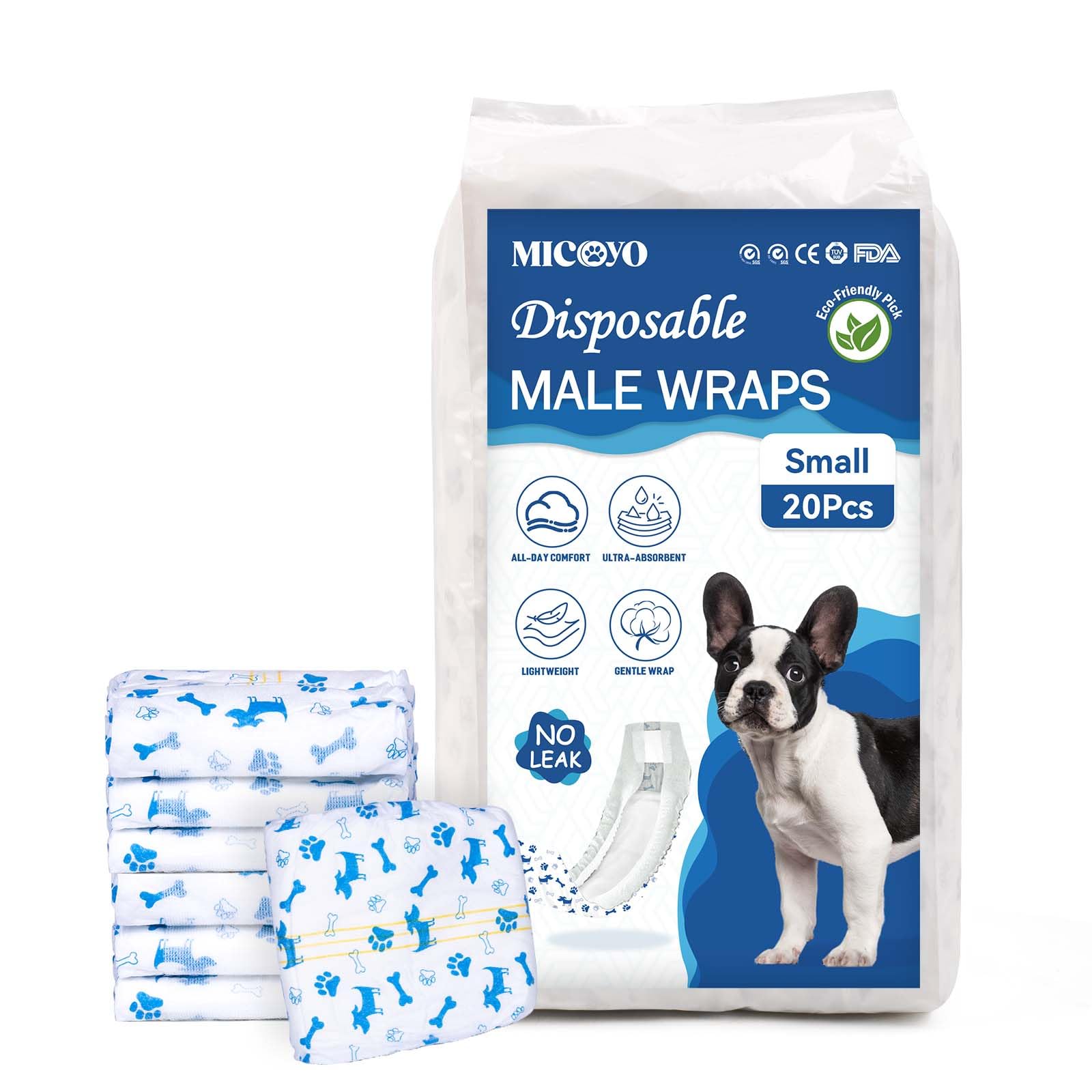 MICOOYO Disposable Dog Nappies Male, Dog Diapers for Pet Doggy Puppy, Super Absorbent Male Dog Wraps with Wetness Indicator(S, 20pack)
