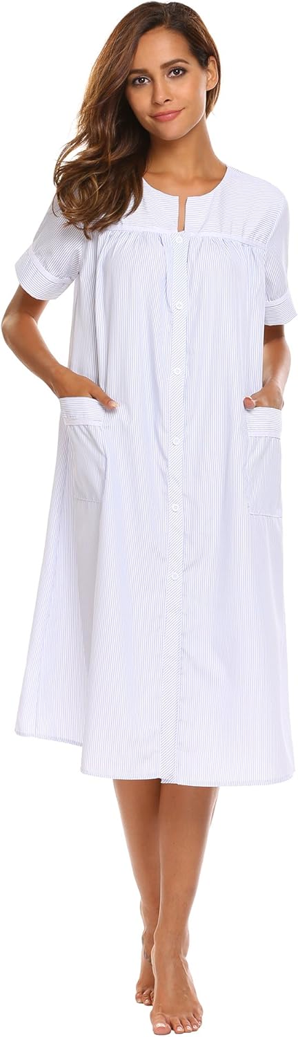 Ekouaer Women's Striped Sleepwear Button Down Duster Short Sleeve House Dress Nightgown S-XXL at  Women’s Clothing store