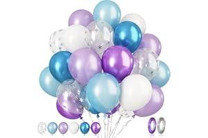 Paready Frozen Balloons, 60 Pcs 12 Inch Purple Blue Balloons White and Snow Confetti Latex Balloons for Girls Frozen Theme Party Supplies Ice Snow Theme Birthday Baby Shower Winter Party Decorations