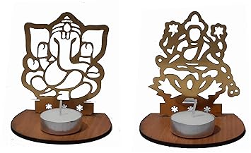 JD PRODUCTS Golden Metal Decorative Shadow Divine Lord Ganesha Ganpatiji and Laxmi Ji Tealight Candle Holder