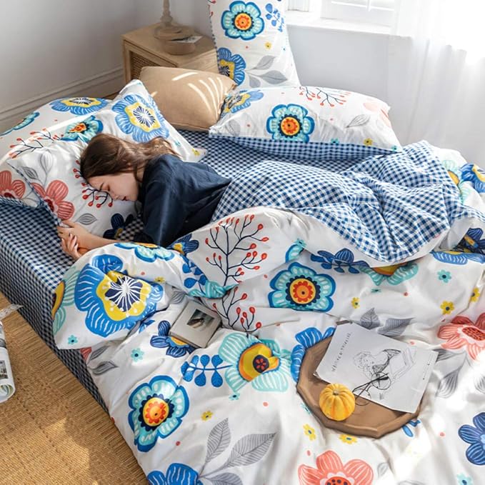 QingT Small Floral Four Piece Set, Cotton Sheets, Duvet Cover, Three