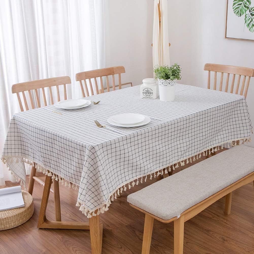 Modern White Plaid Checkered Table Cloths (55"x70") Fringe Fabric Cotton Linen Tablecloth
