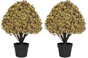 Azoco 24" Fall Topiary Trees Artificial Outdoor Set of 2, UV-Resistant Faux Boxwood Plants for Outside Planters, Realistic Autumn Yellow-Tone Bushes & Shrubs for Front Porch Decor, 2ft Seasonal Accent