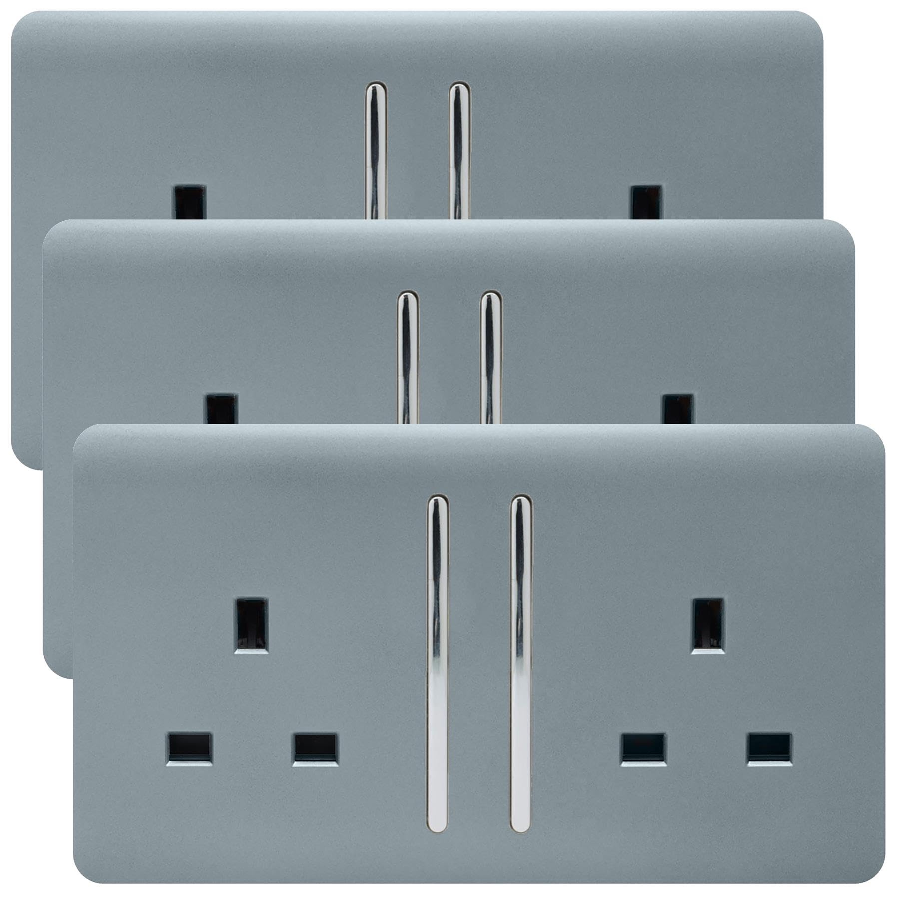 Trendi 2 Gang Artistic Modern Glossy 13 Amp Switched Plug Socket Cool Grey (3 Pack)