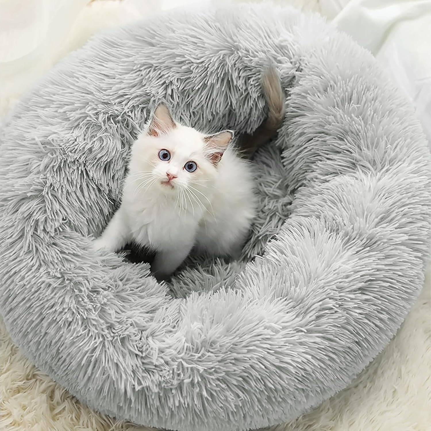 FISTAD 50cm Ultra Soft Short Plush Pet Bed - Winter Warmth Cat and Dog Nest Non slip Circular Pad Small Dog and Cat Universal (Light Grey)