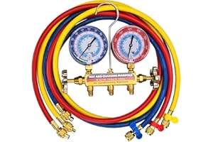 DRAKO-MYXX 2026 Upgrade 42006 Test and Charge Manifold Set with 3-1/8" (80 mm) Gauge, for R-22/134A/404A, 1/4" to 1/4" Standard Flare Fittings with 72"(6Ft), Hvac Gauges with Colored Label and Hoses Set