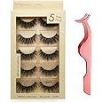 Leipple False Eyelashes 5 Pairs - Professional Reusable 3D Mink Lashes - Handmade Natural Thick Fluffy Fake Eyelashes with Stainless Steel Eyelash Tweezers (Bomb)