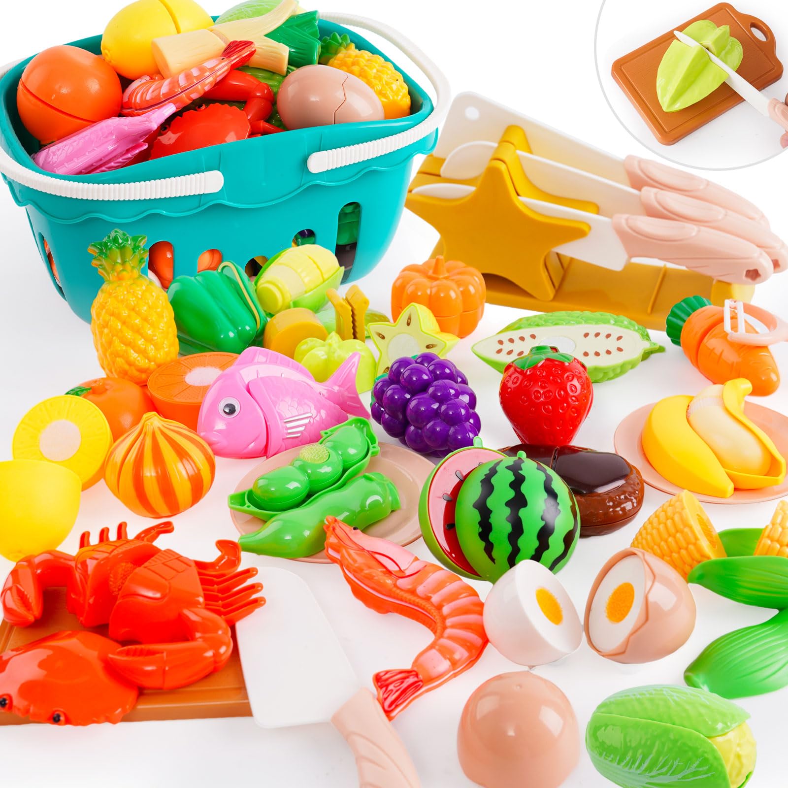 66 PCS Cutting Play Food Toy for Kids Kitchen Pretend Fruit &Vegetables Accessories with Shopping Storage Basket, Plastic Mini Dishes and Knife, Educational Toy for Toddlers Boys Girls Ages 3+