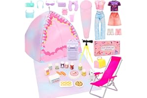 34 Pcs Doll Travel Camping Tent Playset for 11.5 Inch Girl Dolls Includes Clothes, Tent, Telescope, Backpack, Sleeping Bag & 