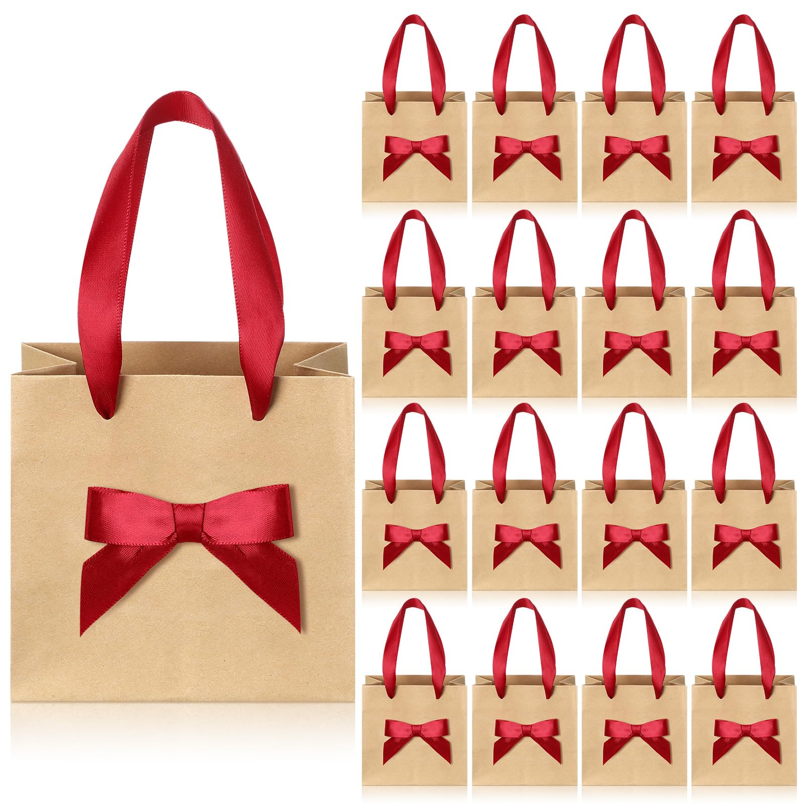Photo 1 of Honoson 50 Pcs Christmas Small Gift Bags with Handle 4 x 2.75 x 4.5 No DIY Mini Paper Bags Bulk with Bow Ribbon for Xmas Party Favor Wedding Birthday Guests Baby Shower(Claret Red)