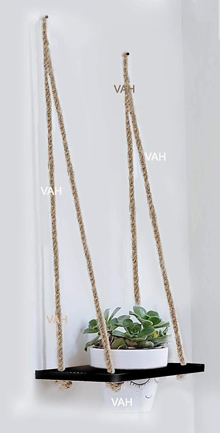 VAH Wood Hanging Planter Shelf Plant Hanger Decorative Flower Pot Rack with Rope Home Decor Hanging Planter-Plant Stand-Vertical Planter-Planter Rack ( 1 Pot, Black)