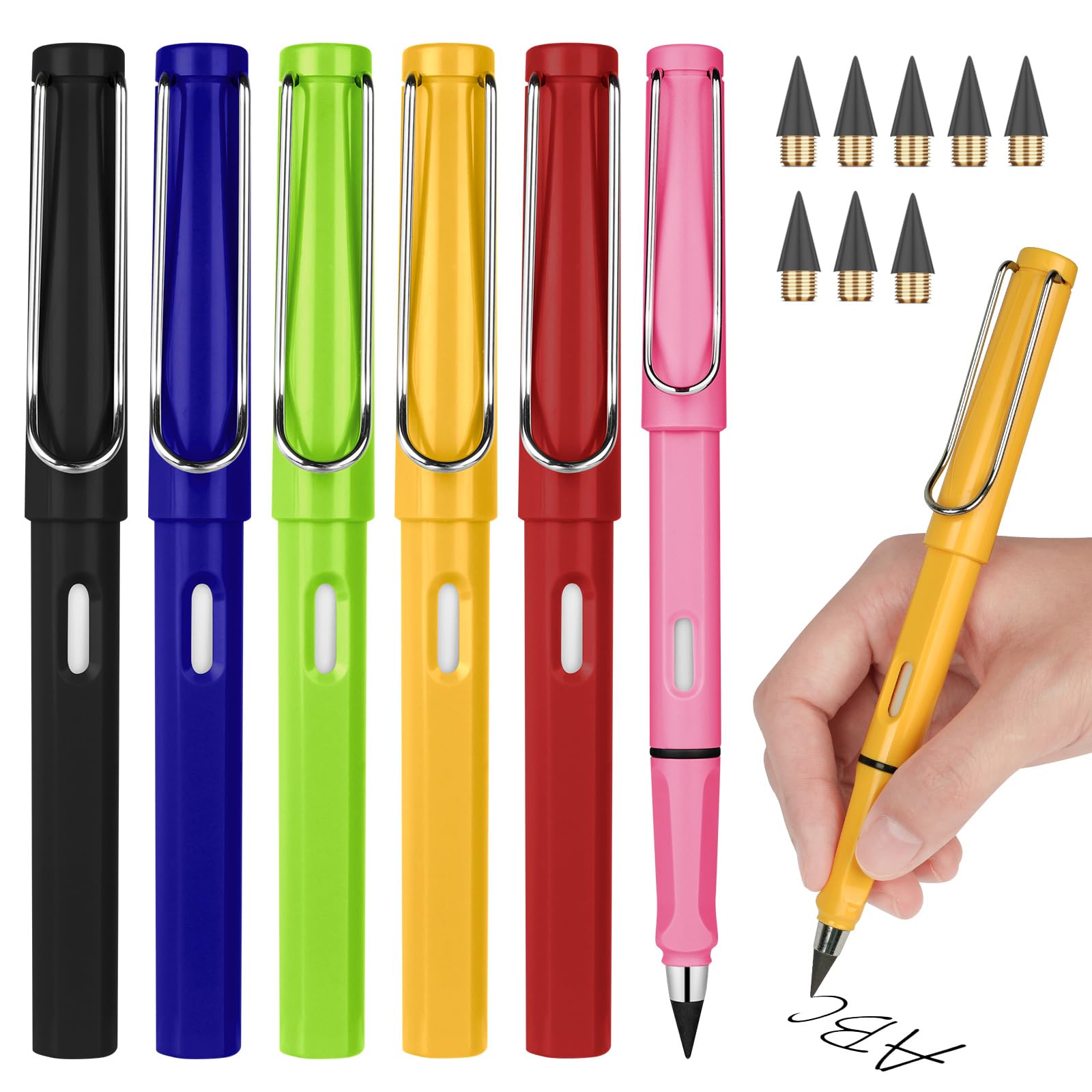 Ainiv 6 PCS Inkless Magic Pencil Everlasting Pencil with Replaceable Nib, Infinity Reusable Pencil for Writing Drawing with Extra 8 Replaceable Nibs, Home Office School Supplies