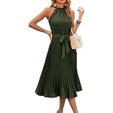 KIRUNDO Women's 2026 Summer Sleeveless Halter Neck Pleated Midi Cocktail Dresses A Line Flowy Beach Sun Dress with Belt