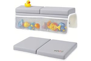 WEXIO Water-Resistant Baby Bath Kneeler and Elbow Rest Pad Set, Soft Bathtub Kneeling Pad for Bathing Baby with Toys Pocket, Tub Knee Cushion Mat for First Time Mom Newborn Bath Time Essentials, Grey
