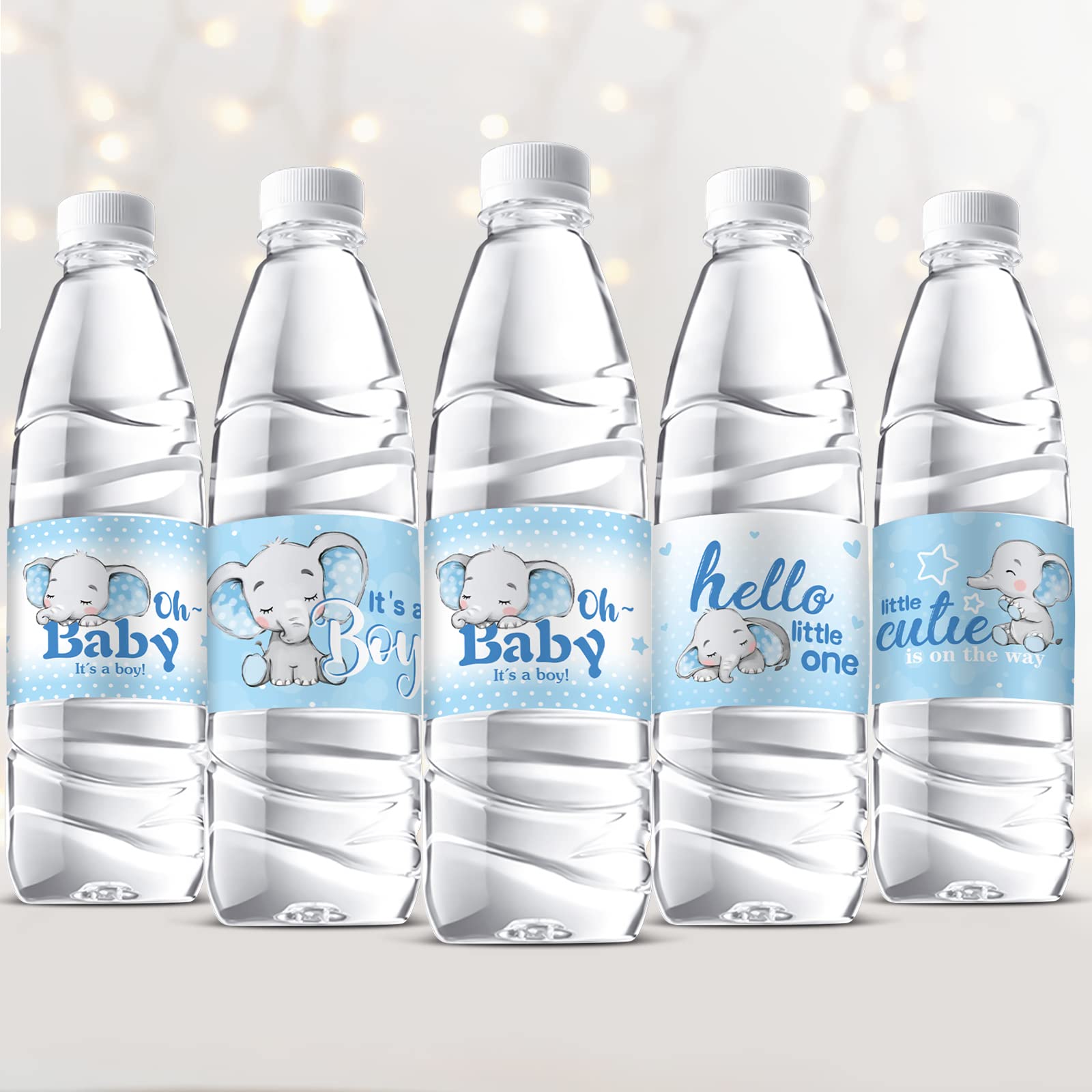 Photo 1 of Gersoniel 39 Pcs Elephant Baby Shower Water Bottle Labels Elephant Water Bottle Wrapper Sticker Waterproof Self Adhesive Label for Gender Reveal Birthday Baby Shower Party Decoration Supplies(Blue)
