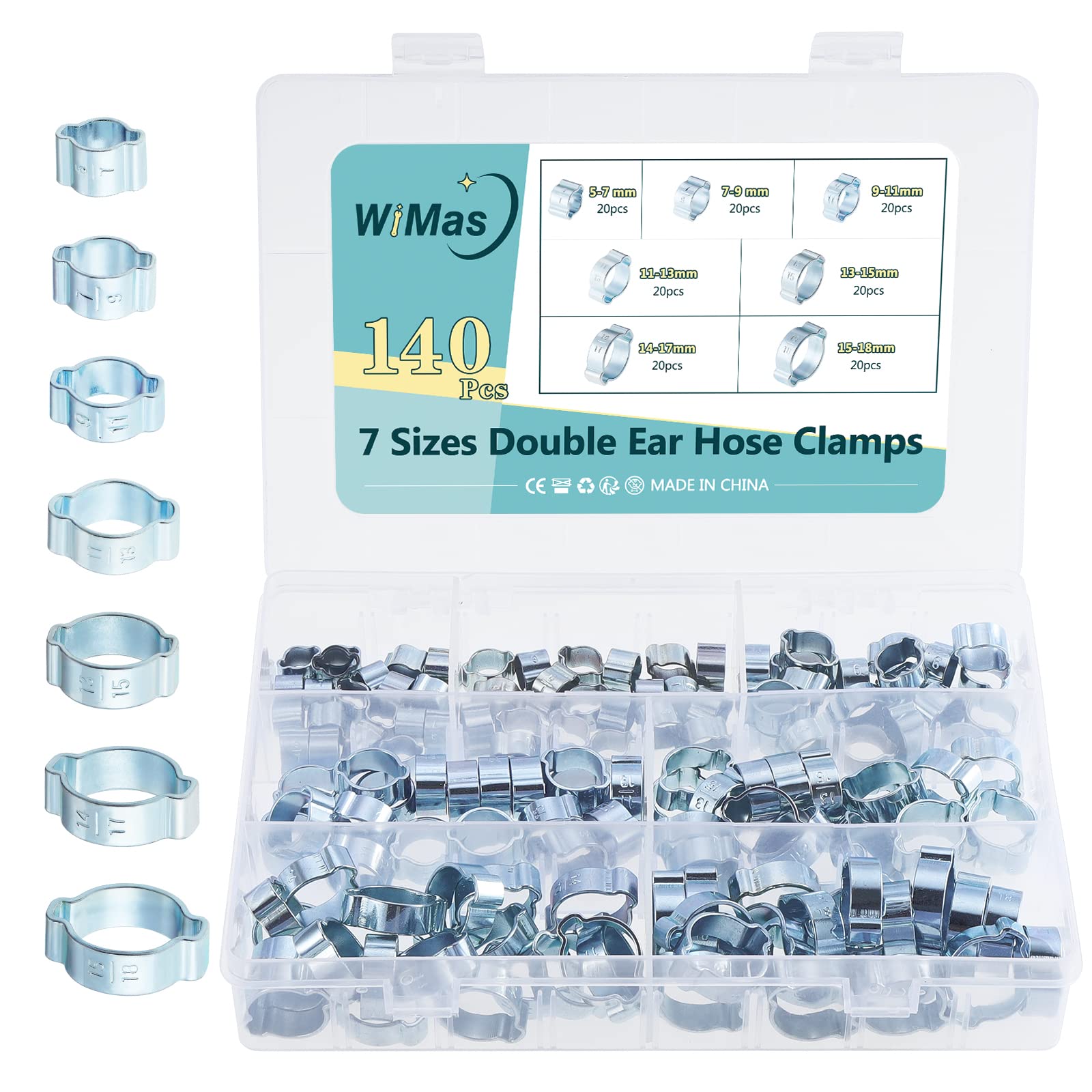 WiMas 140PCS 5-18mm Adjustable Double Ear Hose Clamps, O Clips Pipe Tube Clamps Fasteners Clips