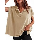 Tankaneo Womens Oversized Cap Sleeve Polo Shirts Summer Casual V Neck Tops Loose Fit Collared Cotton Tee Shirts Khaki