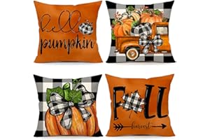 4TH Emotion Fall Pillow Covers 18x18 Set of 4 Thanksgiving Buffalo Check Farmhouse Decorations Orange Pumpkin Outdoor Autumn Farm Truck Pillows Decorative Throw Cushion Case for Home Decor S23F22