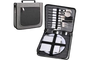 Vogano Picnic Set Camping Cutlery Organizer 2 Person Dinnerware Set - 16pcs Mess Kit,Stainless Steel Plate Spoon Butter and Serrated Knife Wine Opener Fork Napkin Hiking - Camp Kitchen BBQ’s