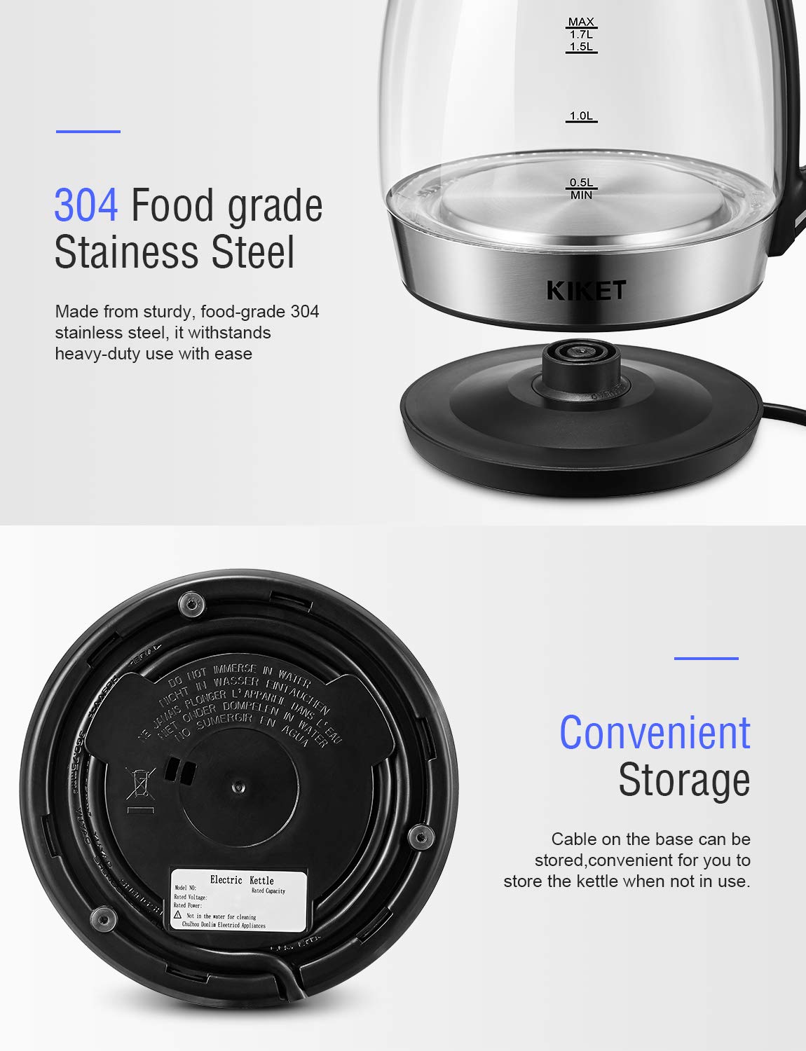Bollitore in Vetro Elettrico KIKET, 1.7L Bollitore d\'acqua Borosilicato con Illuminazione a LED, Protezione Boil-dry, BPA-Free Teiera Elettrica, 2200w Sano Bollitore