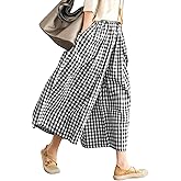 LOMON Womens Wide Leg Capri Pants Cotton Gingham Plaid Culottes Summer Elastic Waist Palazzo Trousers Bottoms with Pockets