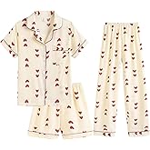 Hupohoi Big Girls Button Down Pajama Set 3pcs Short Sleeve Long Pants with Shorts Crepe Wrinkled Fabric Sleepwear Nighty