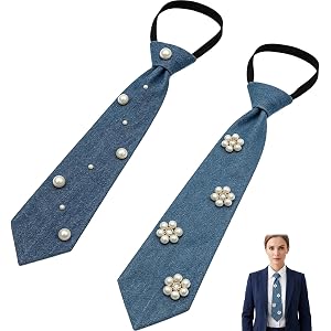 Nouysoc 2 PCS Denim Tie, Denim Tie for Women, Western Style Pearl Necktie Set, Fashion Blue Jean Ties for Shirts