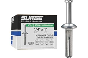 SURGE BUILDING PRODUCTS Surge BP - 1/4" x 1" Stainless MH Hammer Drive Nail in Concrete Anchor with 304 Stainless Steel Nail | Fasteners for Concrete, Block, and Brick (100/BOX)