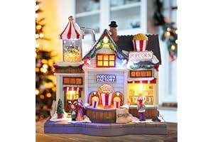 WONDER GARDEN Christmas Village Houses-Christmas Houses Village - Lighted Musical Popcorn Factory Collectible Buildings Town Sets Animated Figurines for Home Indoor Decor or Gift