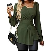 GORGLITTER Women's Ruched Babydoll Blouse Asymmetrical Square Neck Puff Sleeve Elegant Shirt Dressy Office Shirts