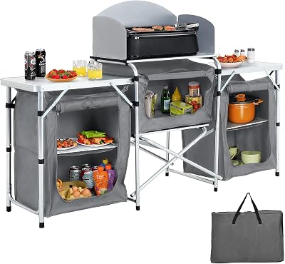 Warmiehomy Folding Camping Kitchen Unit Grey 175x40x110cm 3 Worktops