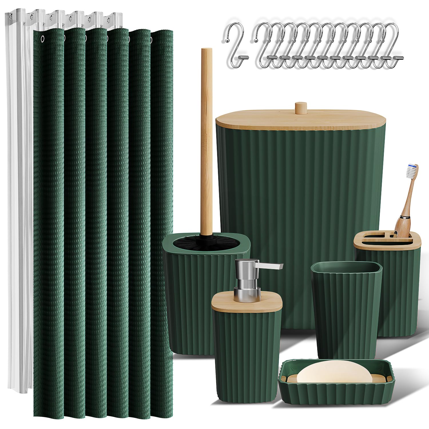 Clara Clark Bathroom Accessories Set - Bathroom Set, Bathroom Accessory Set, Shower Curtain Set, Toilet Brush, Trash Can & Soap Dispenser - Green - 20PC Image