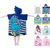growell Hooded Kids Beach Towels - Toddler Bath Towel Girls Boys Swim Cover-ups for Ages 4 to 10 Kids Pool Towels Quick Dry Lightweight Soft Microfiber Poncho 30x30 with Bag (Navy Dinosaur)