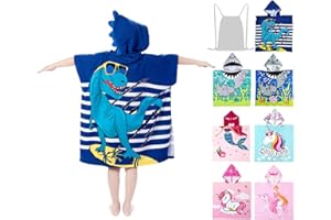 growell Hooded Kids Beach Towels - Toddler Bath Towel Girls Boys Swim Cover-ups for Ages 4 to 10 Kids Pool Towels Quick Dry Lightweight Soft Microfiber Poncho 30x30 with Bag (Navy Dinosaur)